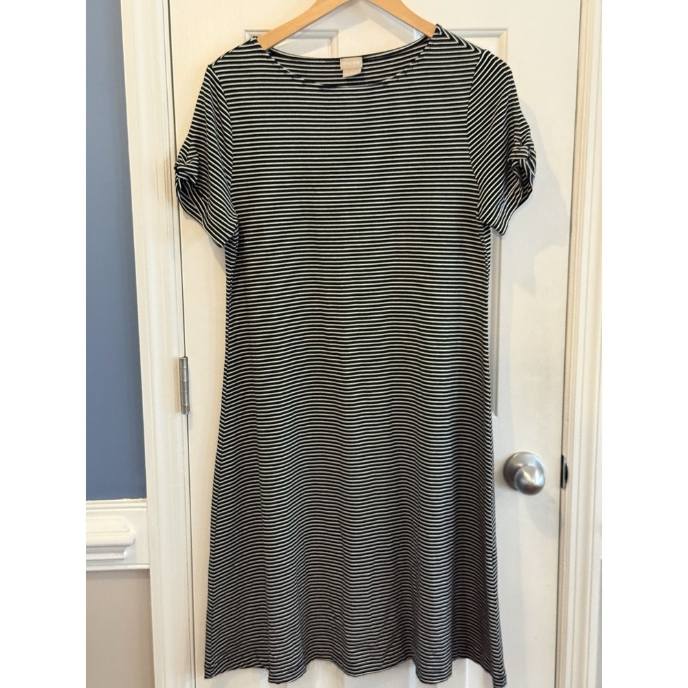 Chicos Size 1 Medium Black & White Striped Classic T Shirt Dress Rayon Spandex